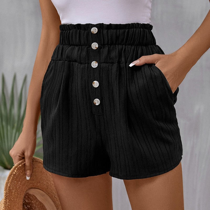 High-Waist Buttoned Shorts with Elastic Waistband and Pockets