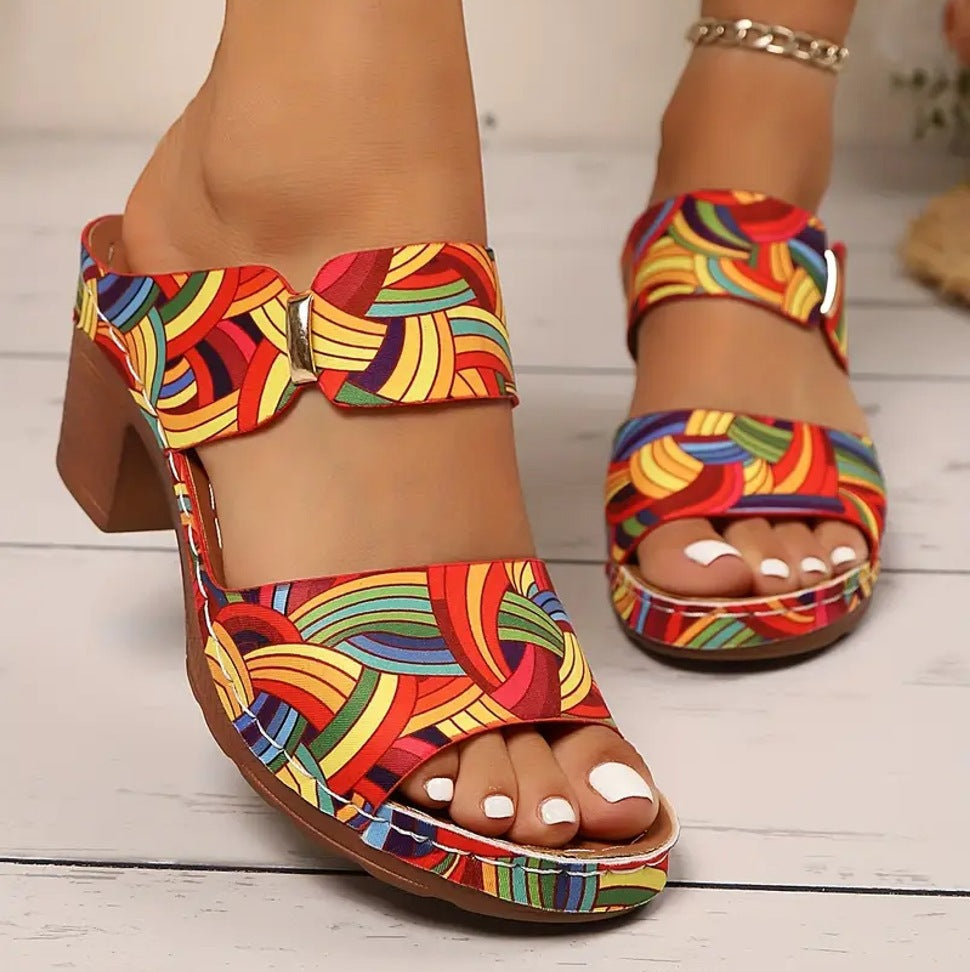 Women's Graffiti High-Heel Slide Sandals - Buckle Strap Platform Slides