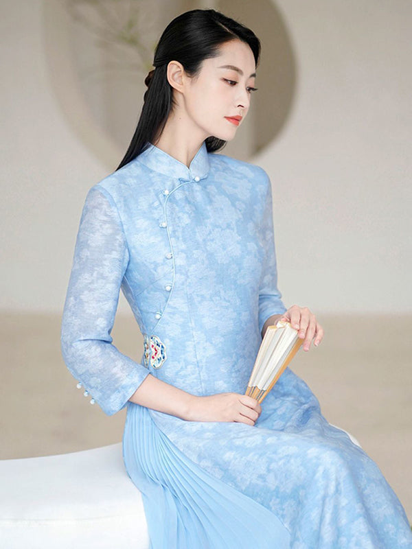 Fashion Vintage Light Blue Jacquard Long Cheongsams