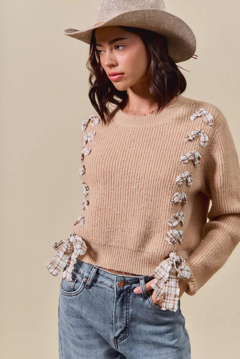 Checkered Plaid Tape Lace Up Ribbed Sweater