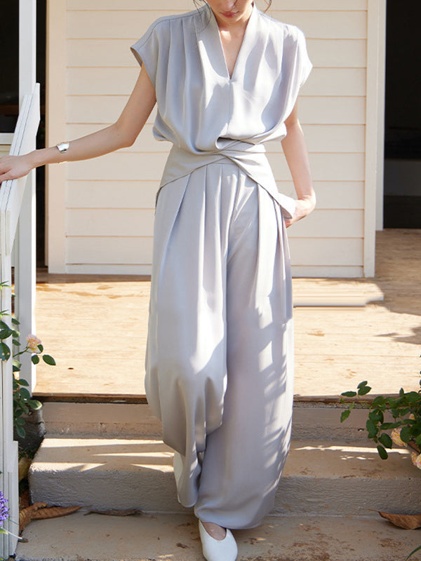 High Waisted Wide Leg Elasticity Pleated Solid Color Pants Trousers