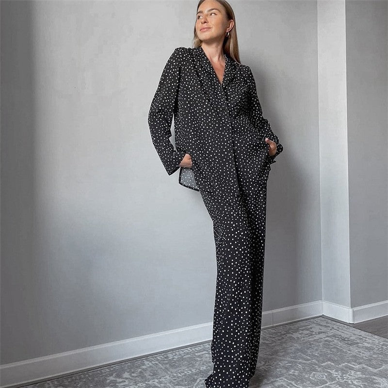 Loose Fit Polka Dot Long Sleeve Top and Pants Lounge Set