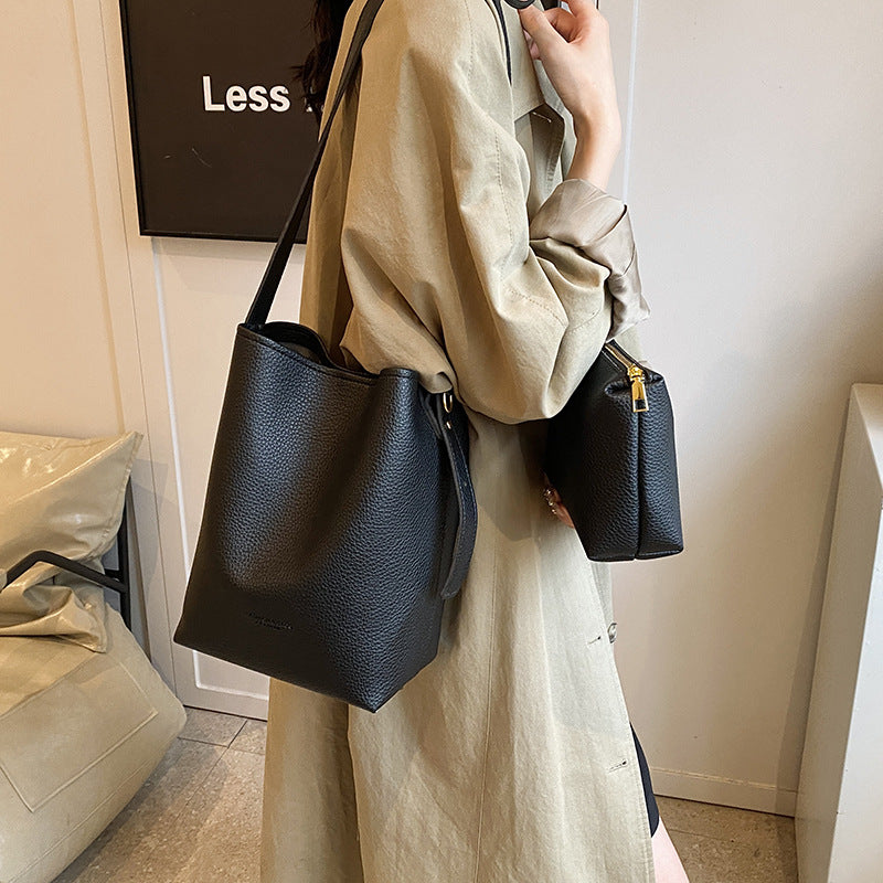 Women's Retro PU Leather Bucket Bag Set - Two-Piece Shoulder Bag with Letter Print