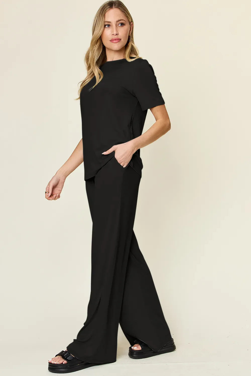 Double Take Full Size Round Neck Short Sleeve T-Shirt and Wide Leg Pants Set