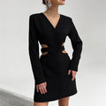 Solid Color Long Sleeve V-Neck Hollow A-Line Mini Dress