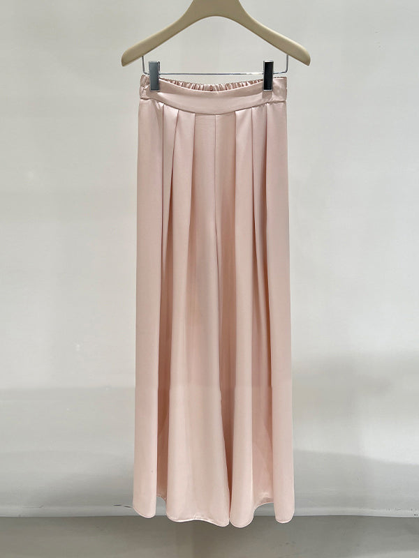 High Waisted Wide Leg Elasticity Pleated Solid Color Pants Trousers