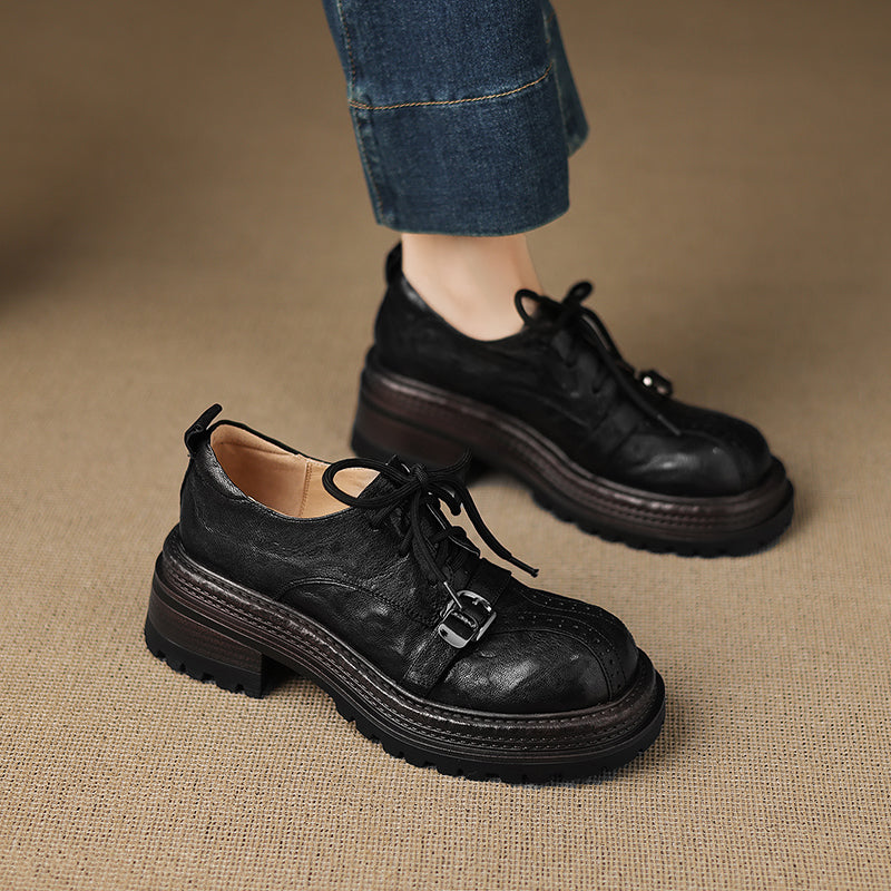 Women's Platform Oxford Shoes | Handmade Full-Grain Sheepskin Chunky Heel Lace-Up Brogues