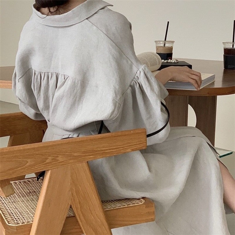 Solid Color Lantern Sleeve Over-The-Knee Long Dress