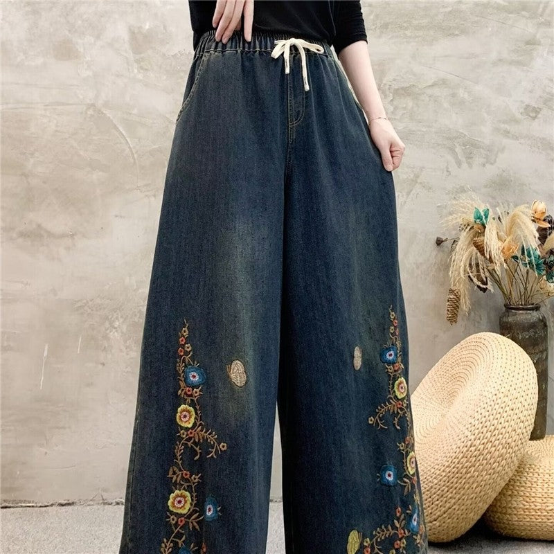 Embroidered High-Waisted Wide Leg Trousers With Tie Waist