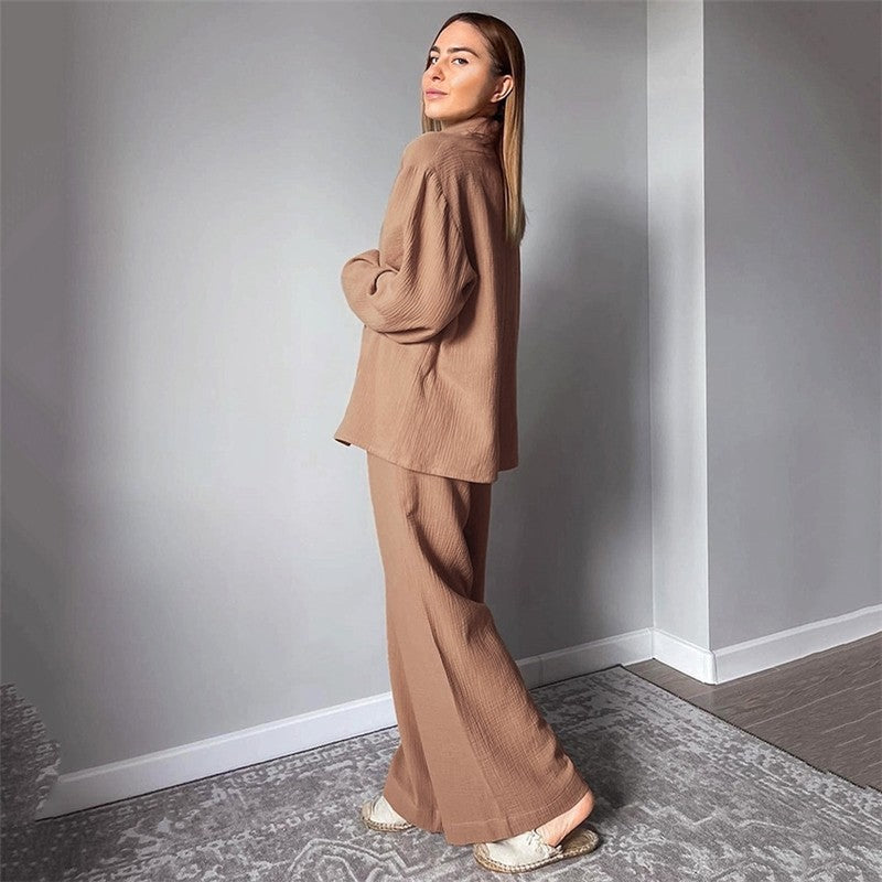 Solid Color Long Sleeve Lapel Buttoned Blouse and Pants Two-piece Lounge Set