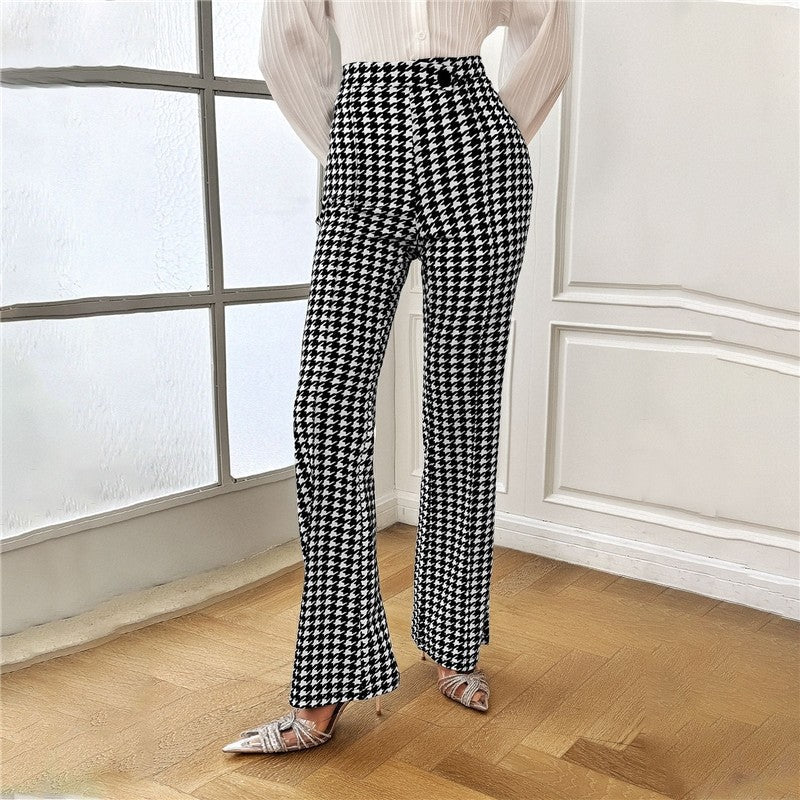 Houndstooth Pattern High-Waisted Bell Bottom Trousers