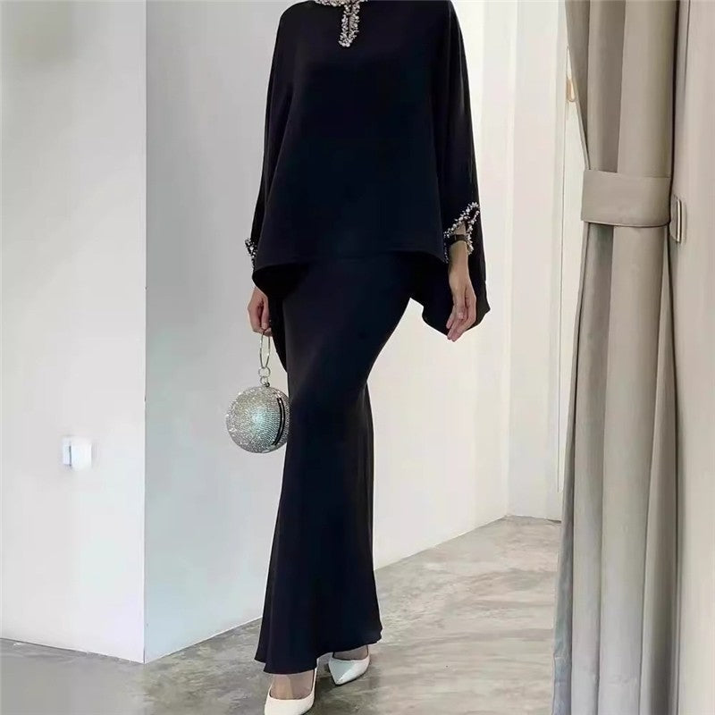 Solid Color Pearl Embellished Floor-Length Dress Ensemble