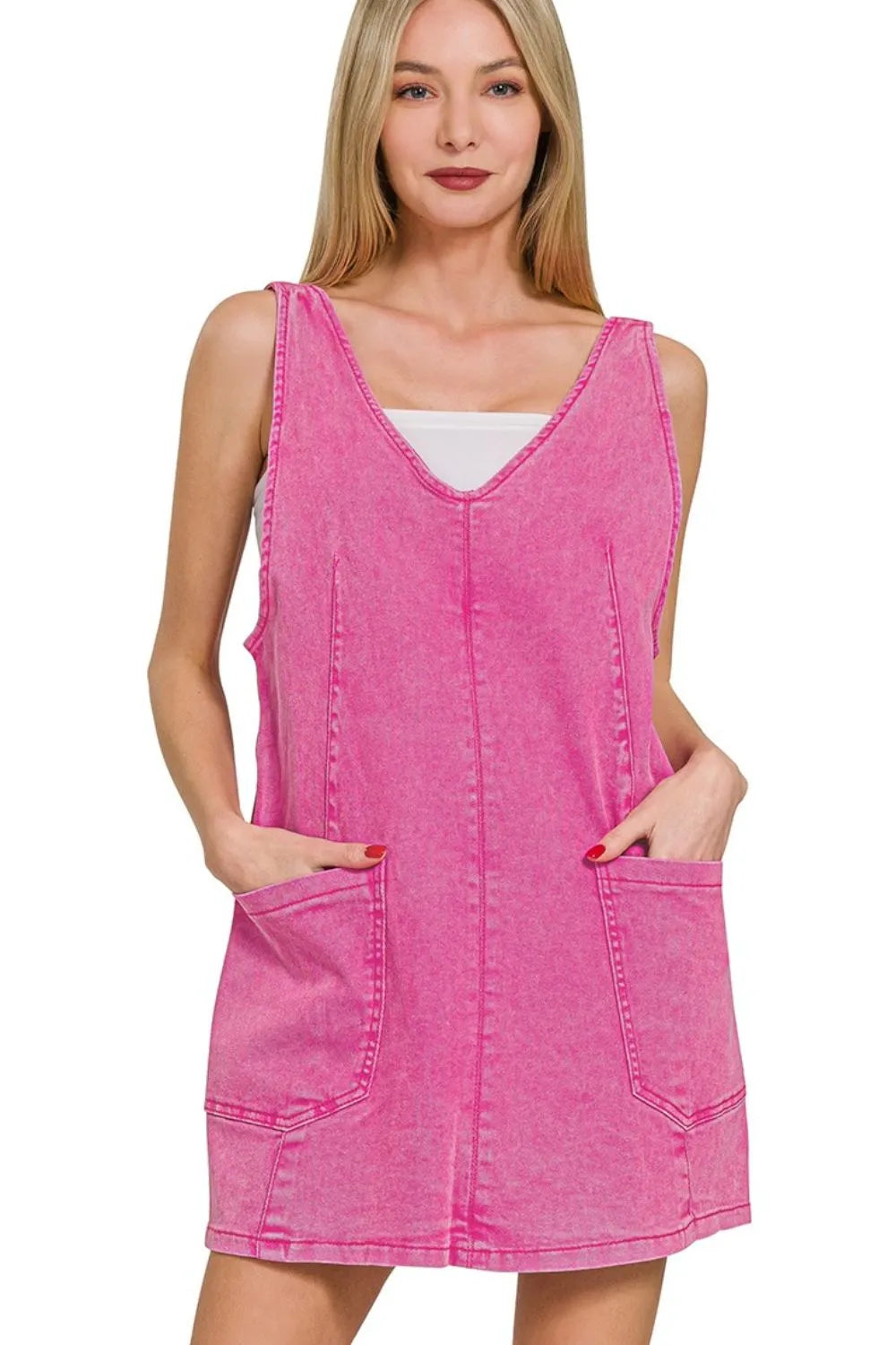 Washed Adjustable Strap Denim Overall Dress