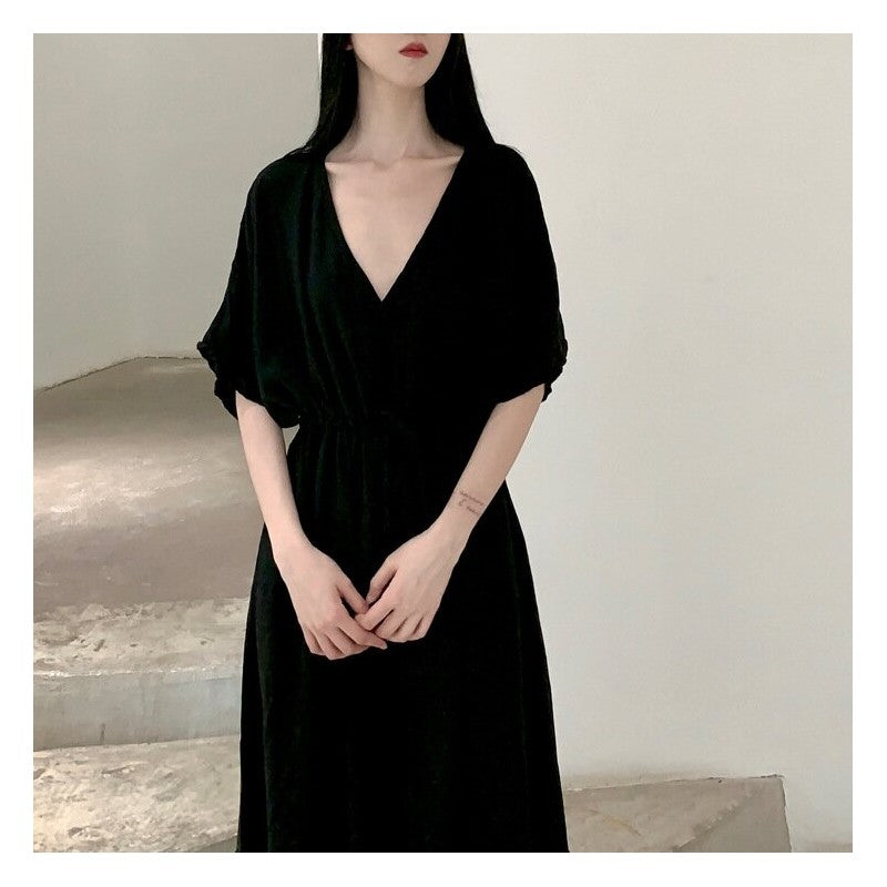 V-Neck Waist-Cinched Slim Fit Dress in Solid Color
