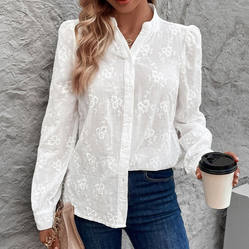 White Lace Embroidered Long Sleeve Blouse