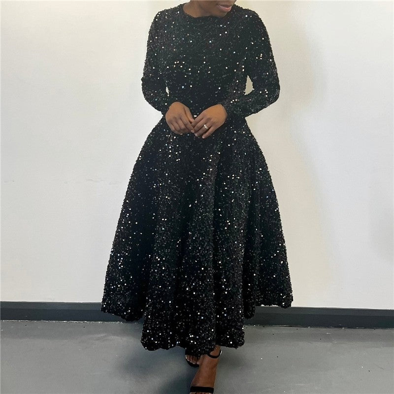 Sequin Embellished Long Sleeve High Waist Formal Dress