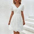 Stylish V-Neck Bubble Sleeve White Dress