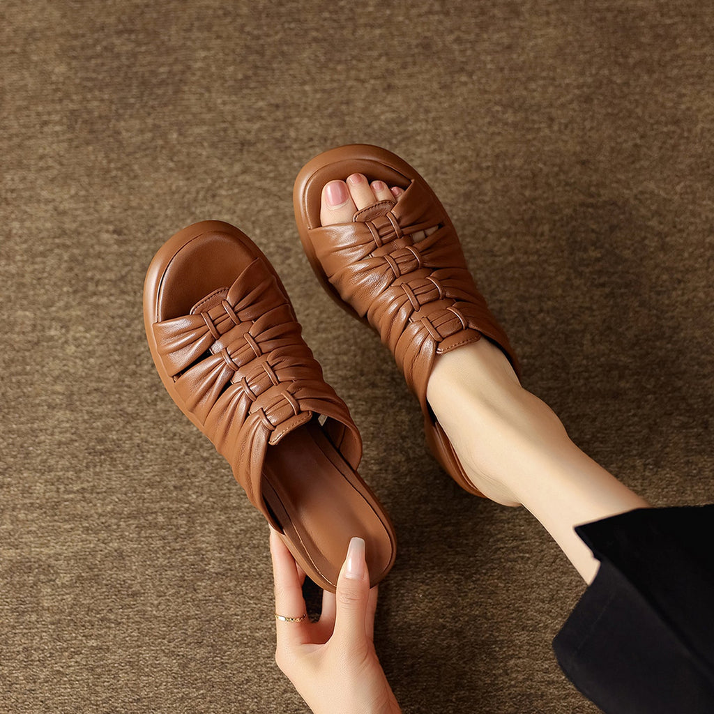 Women's Ruched Slide Sandals | Genuine Lambskin Block Heel Open-Toe Mules