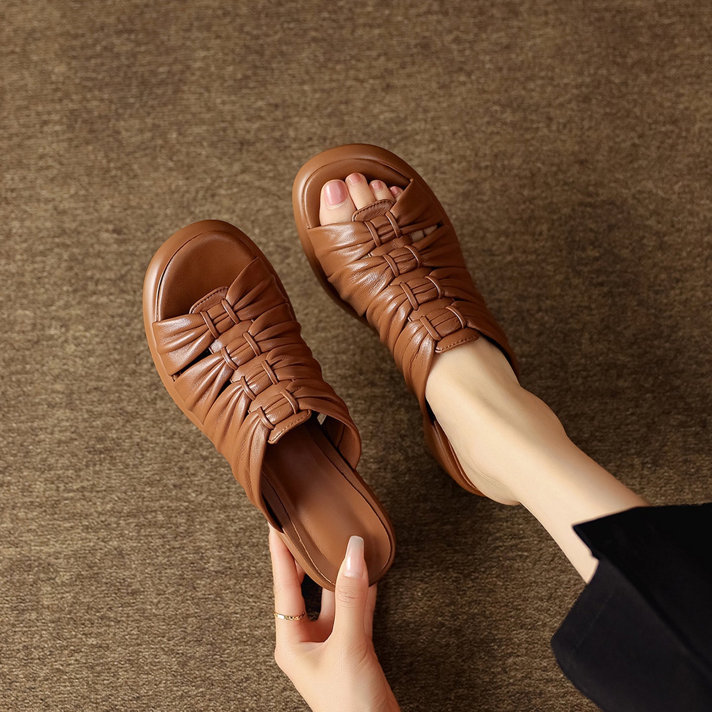 Women's Ruched Slide Sandals | Genuine Lambskin Block Heel Open-Toe Mules