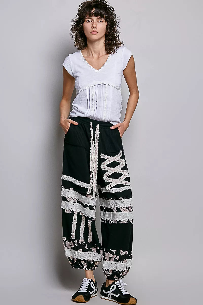 V-Neck Lightweight Textured Short Sleeve Knit Top with Lace Trim