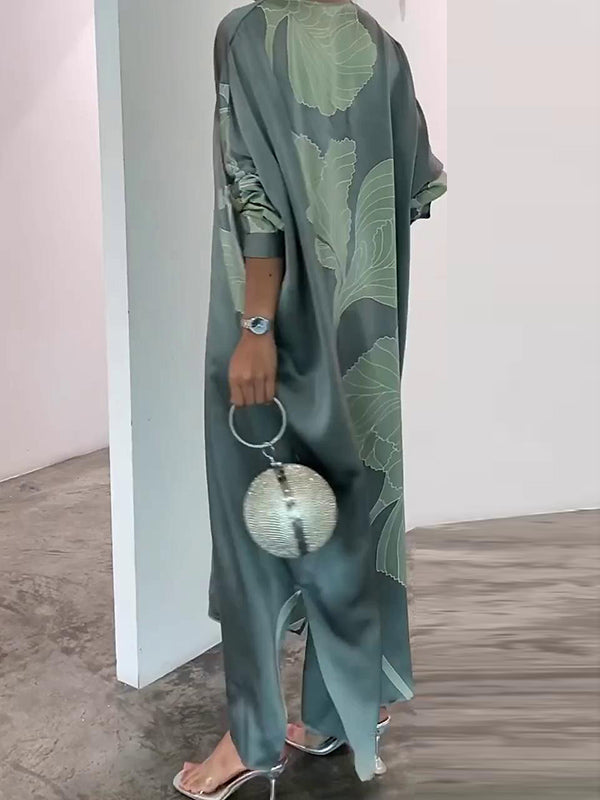 Long Sleeve Buttoned Muslim V-Neck Midi Dress with Contrast Color Flower & Leaves Print