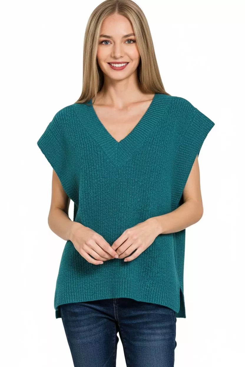 Ribbed Slit V-Neck Sweater Vest