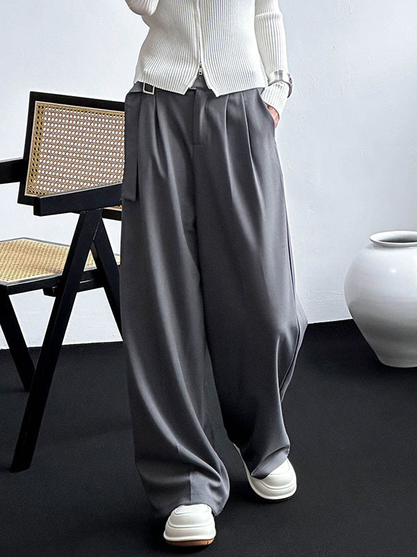 High Waisted Loose Belt Buckle Solid Color Suit Pants Trousers