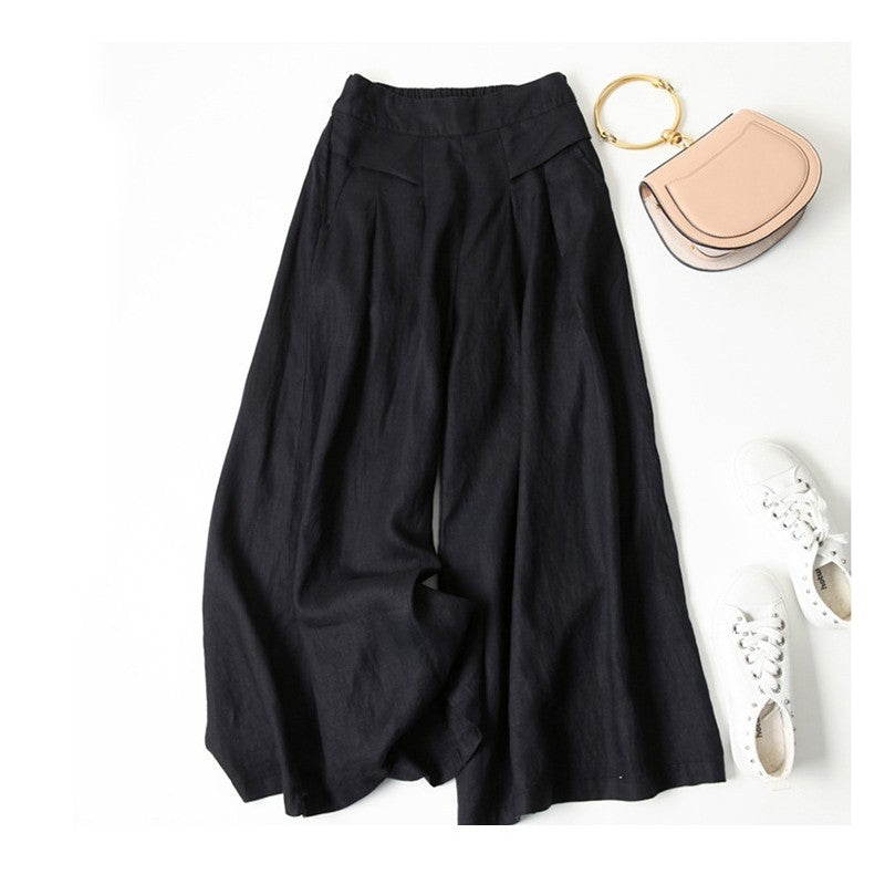 Solid Color Half Elastic Waist Wide Leg Ramie Cotton Pants