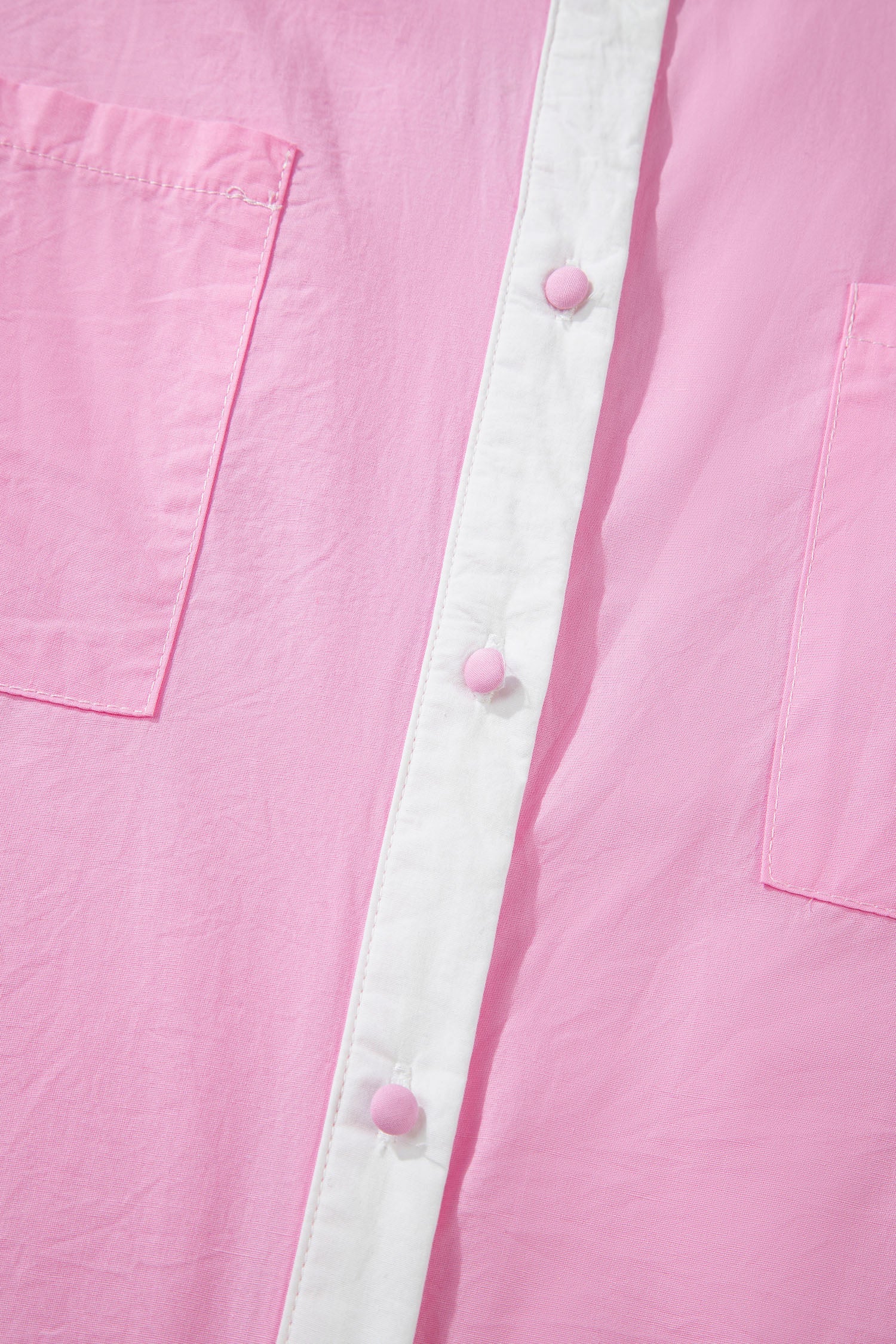 Pink Hollow-out Floral Contrast Patchwork Short Sleeve Button Up Shirt