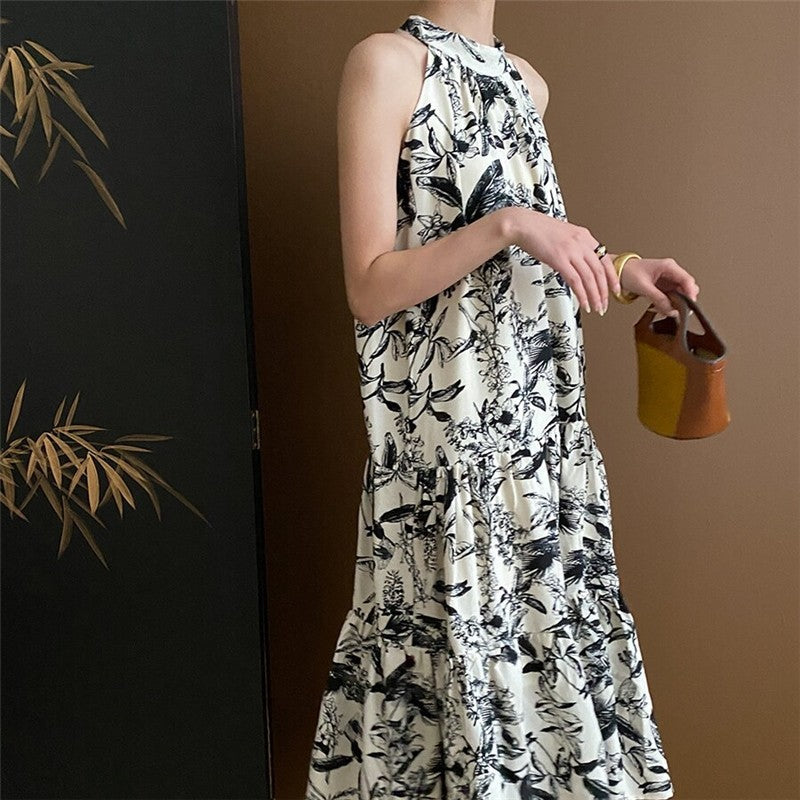 Watercolor Floral Sleeveless Halter Dress