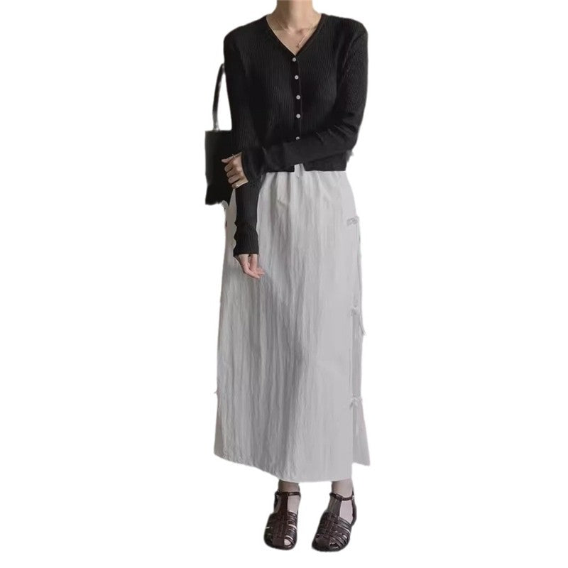 Solid Color Bow Tie Waist Midi Skirt