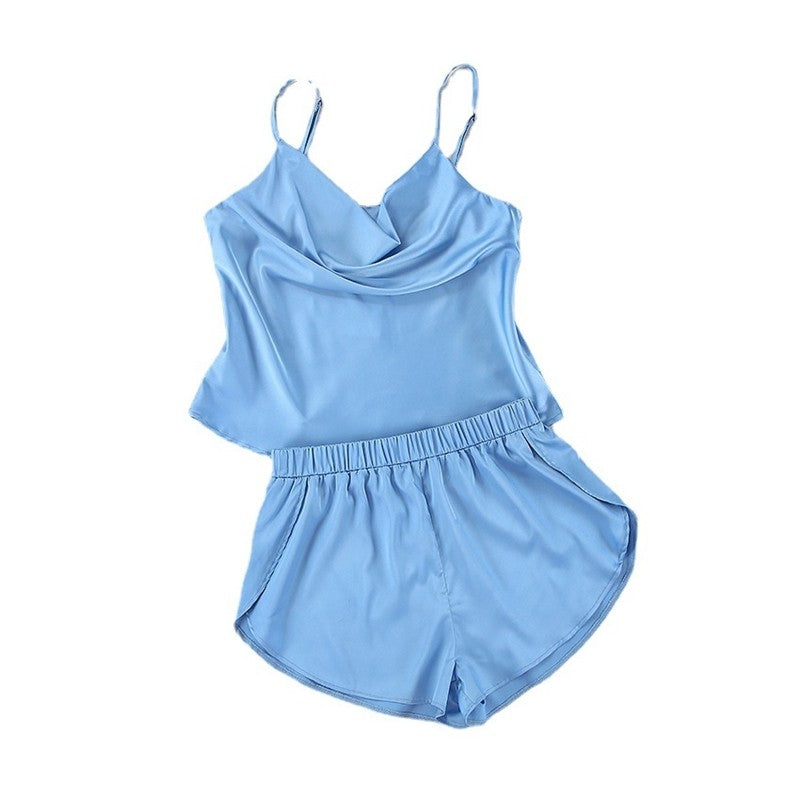 Sleek Imitation Silk Sleeveless Spaghetti Strap Tank Top and Side Slit Shorts Pajama Set