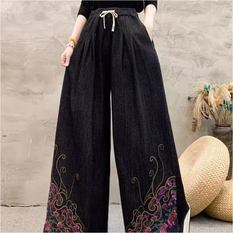 Embroidered Floral High Waist Belted Wide Leg Pants
