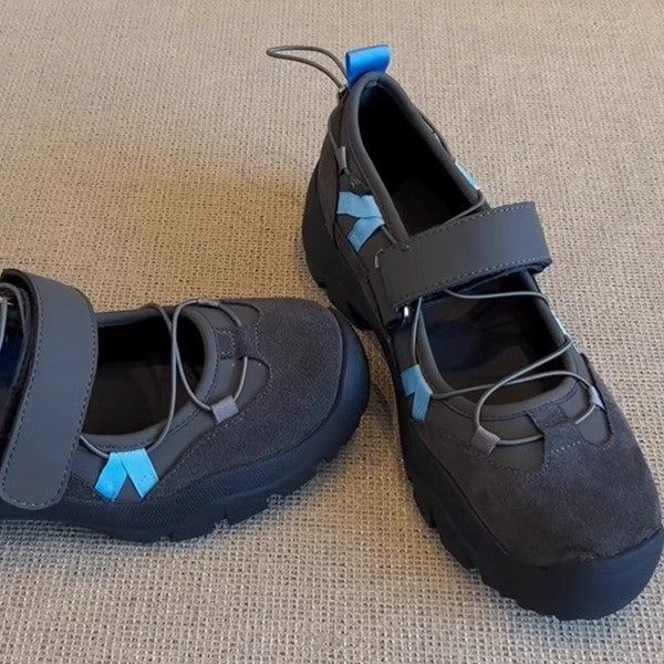 Women's Vintage Leather Mary Jane Shoes | Velcro Strap Thick Sole Low-Top