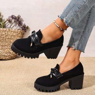 Women's French Loafer Suede Slip-on Shoes - Chunky Heel Pumps with Striped Design