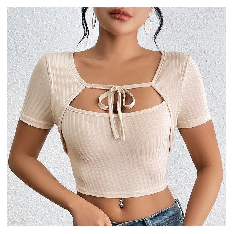 Ribbed Knit Tank Top Set with Square Neck and Belt