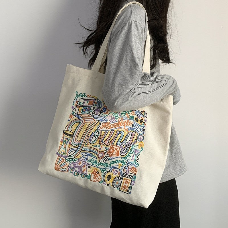 Stylish Embroidered Canvas Shoulder Bag