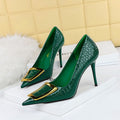 Women's Pointed-Toe High Heel Pumps with Metal Buckle - Elegant Stiletto Dress Shoes