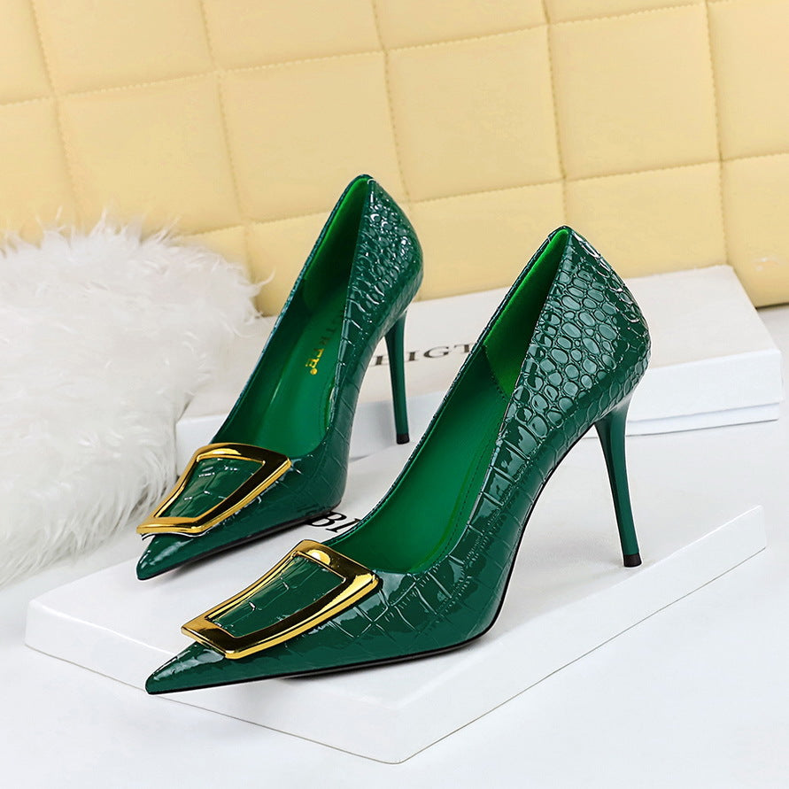 Women's Pointed-Toe High Heel Pumps with Metal Buckle - Elegant Stiletto Dress Shoes