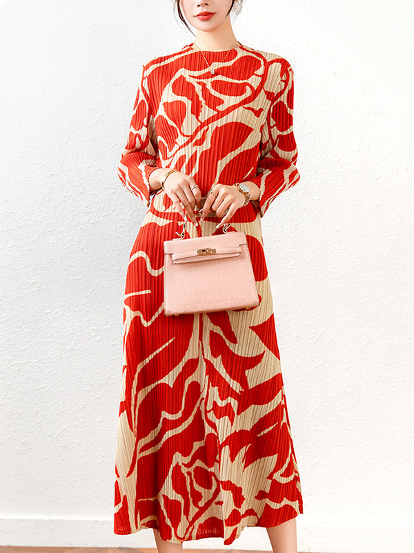 Fashion Floral Printed Pleated Long Sleeves Midi Dress