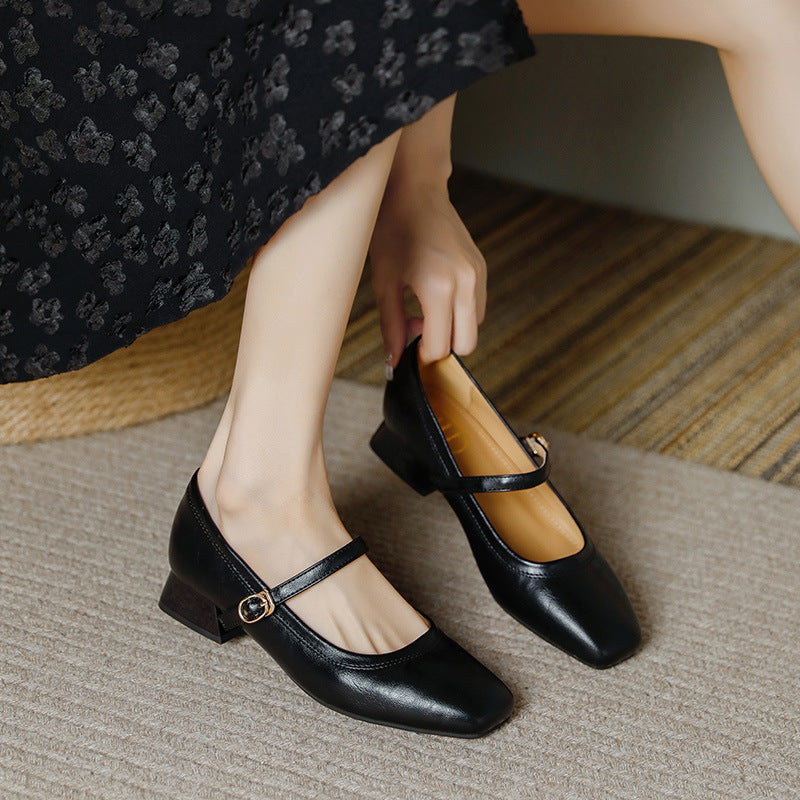 Mary Jane Chunky Heel Retro Buckle Strap Women's Shoes – Plus Size | Burgundy Black Apricot
