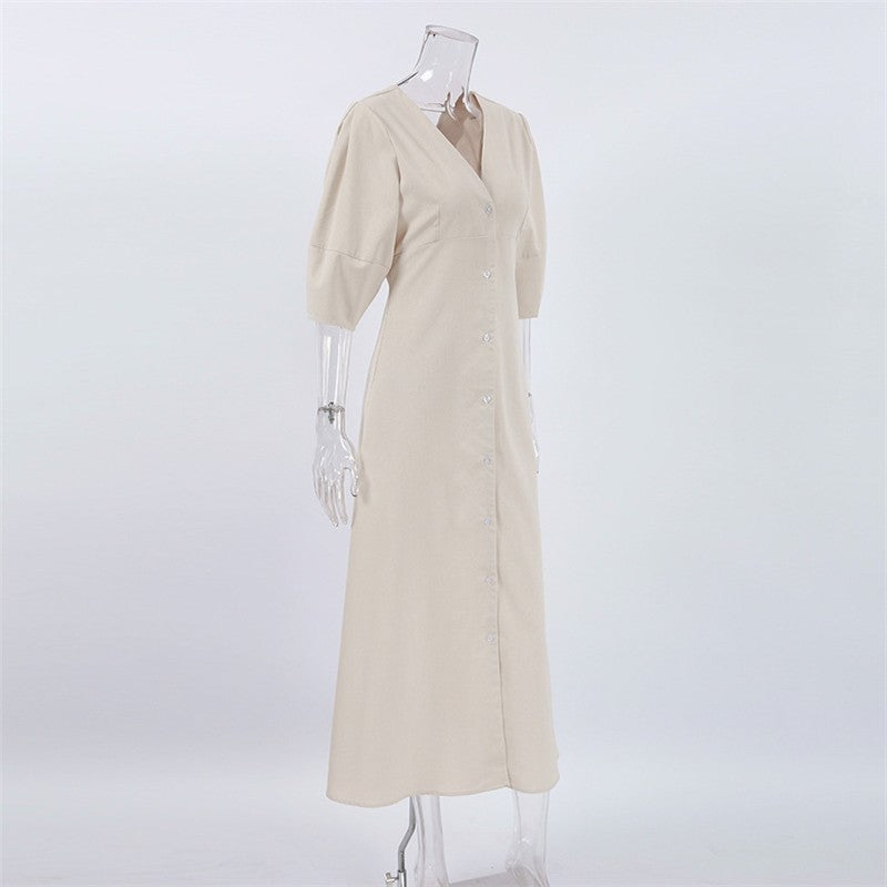 Sure! Here is an optimized title for your clothing product in English:

"Chic V-Neck Dress with Backless