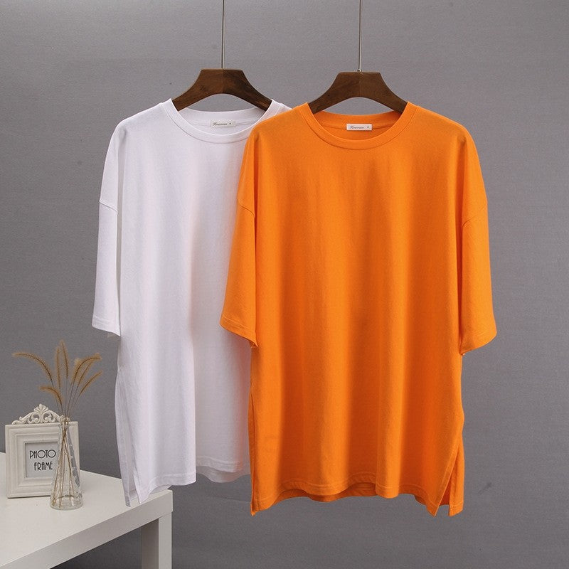Casual Loose Crewneck T-Shirt with Side Slit - Solid Color