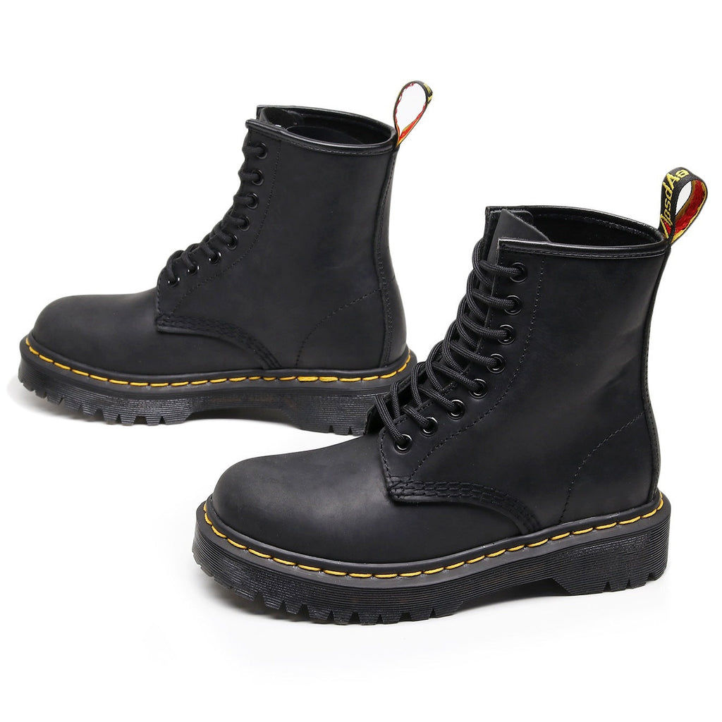 Women's British-Style Full-Grain Leather Biker Boots – Square Heel, Round Toe, Lace-Up