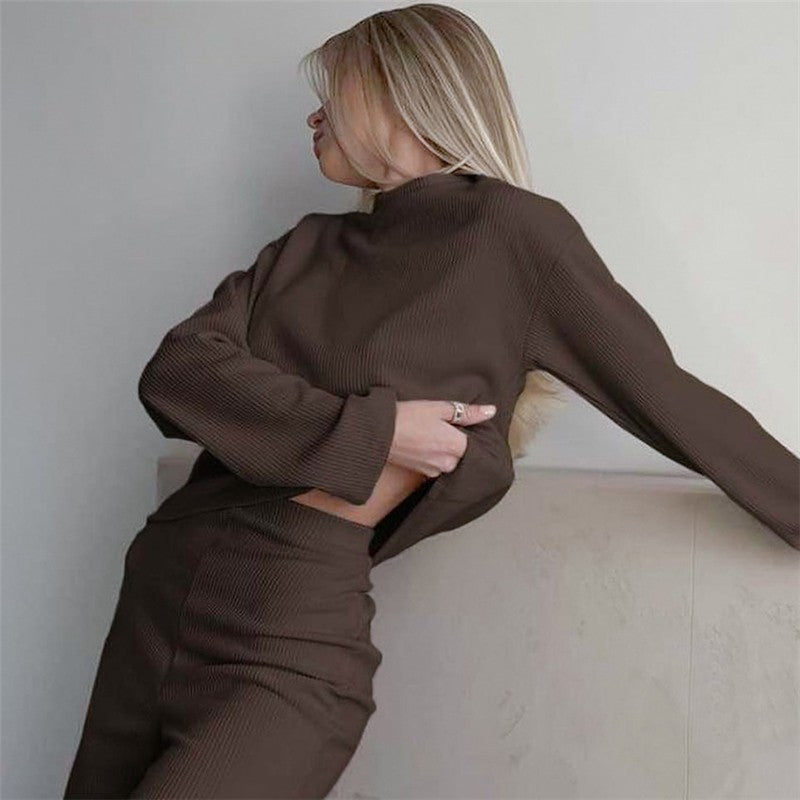 Solid Color Ribbed Crewneck Long Sleeve Top and Pants Lounge Set