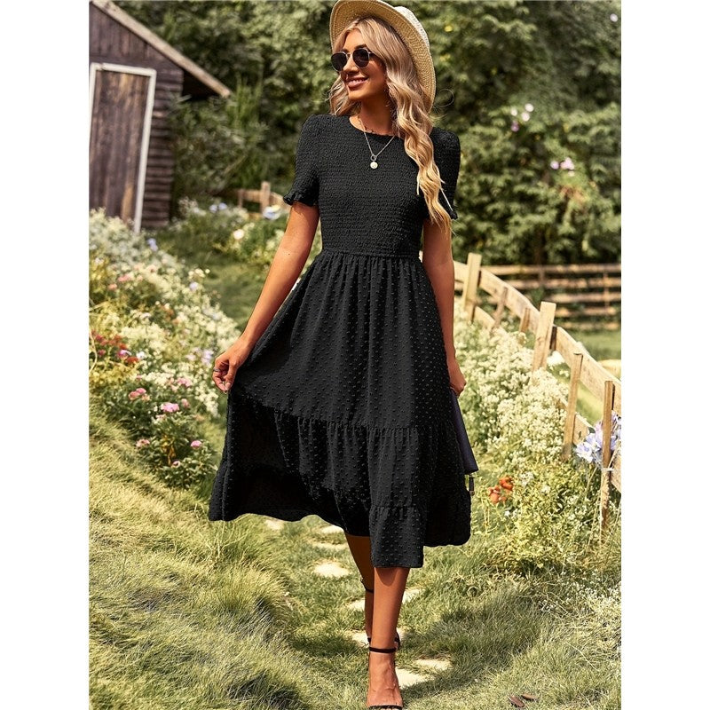 Solid Color Short Sleeve Round Neck Midi Dress for Women