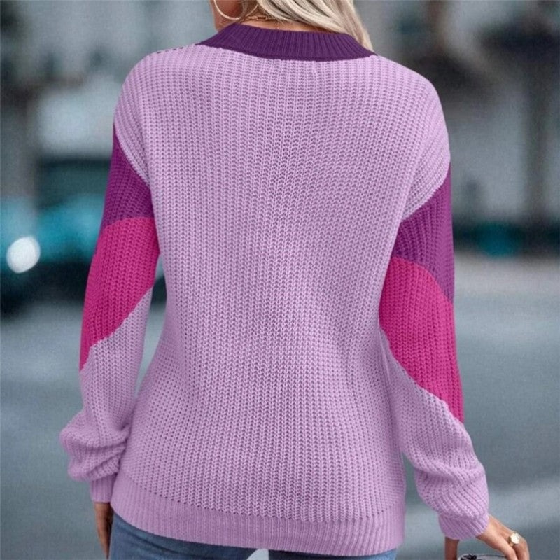 Loose Fit Color Block Round Neck Knit Sweater