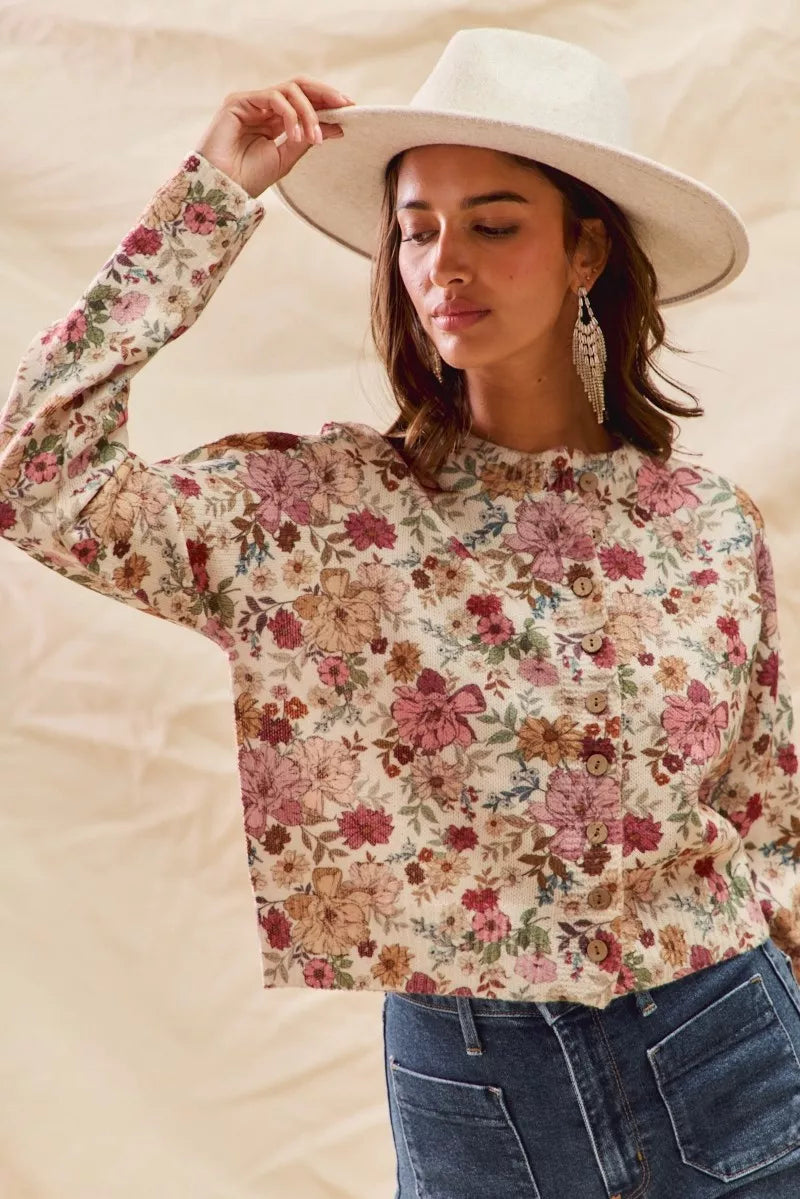 Floral Print Button Front Sweater Cardigan