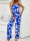 Sleeveless Printed Tied Tube Top + Wide Leg Elasticity Pockets Pants Bottom Two Pieces Set