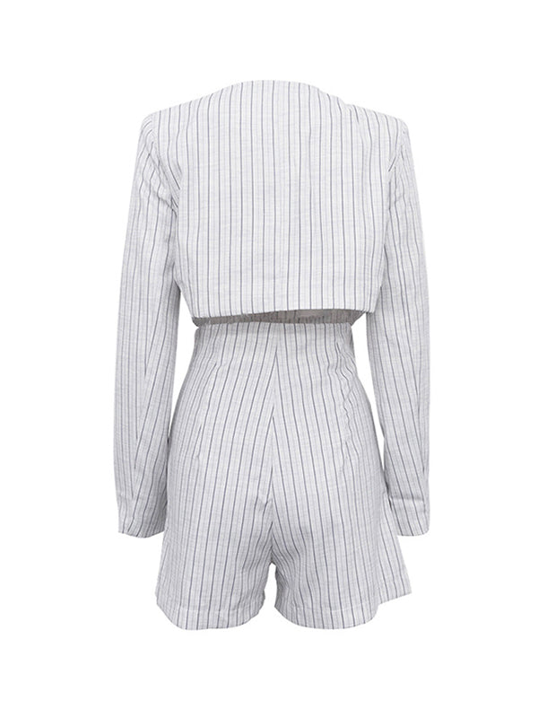 Long Sleeves Knot Split-Joint Striped Deep V-Neck Blouse + High Waisted Pleated Wide Leg Shorts Two Pieces Set